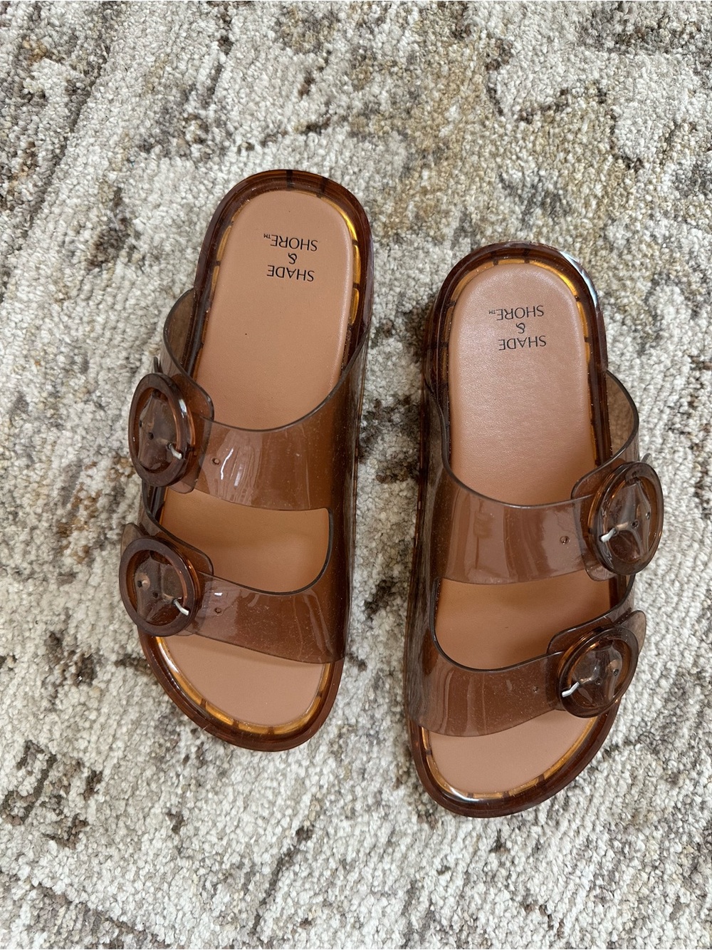 Shade & Shore Brown Transparent Double-Buckle Slide Sandals